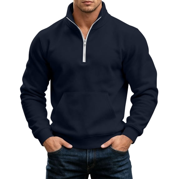 hoksml Men's Quarter Zip Pullover Sweatshirt Solid Stand Collar Kangaroo Pocket for Fall Winter Daily Casual Outdoor Comfort