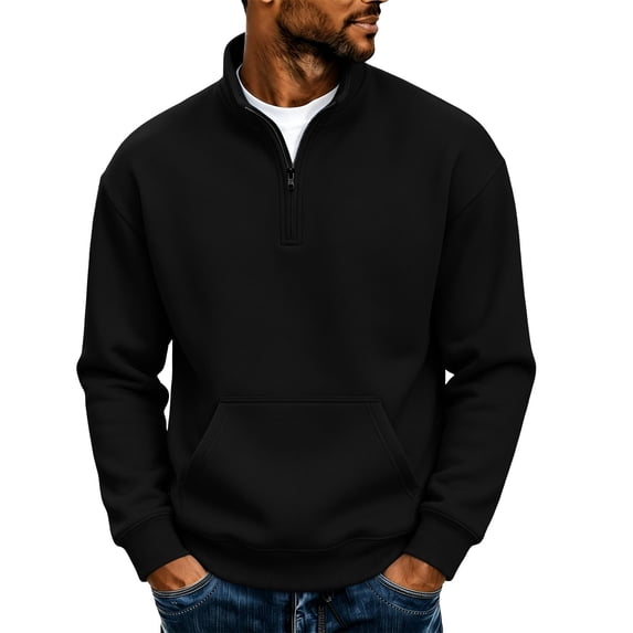 hoksml Men s Quarter Zip Sweatshirt Solid Long Sleeve Stand Collar Kangaroo Pocket for Fall Daily Work Outdoor Comfort