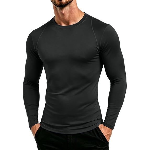 hoksml Men's Raglan Long Sleeve Compression Shirt, Crew Neck Back Mesh Panel Slim Cut Quick Dry Athletic Base Layer in Solid Colors