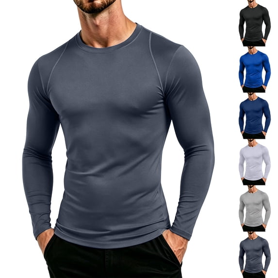 hoksml Men's Raglan Long Sleeve Compression Shirt, Crew Neck Back Mesh Panel Slim Cut Quick Dry Athletic Base Layer in Solid Colors