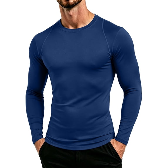 hoksml Men's Raglan Long Sleeve Compression Shirt, Crew Neck Back Mesh Panel Slim Cut Quick Dry Athletic Base Layer in Solid Colors