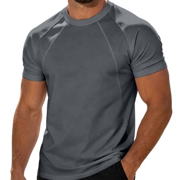 hoksml Men's Raglan Short Sleeve T Shirt Contrast Panel Seam Detail Soft Stretch Crew Neck Top for Gym Daily Street Casual Wear