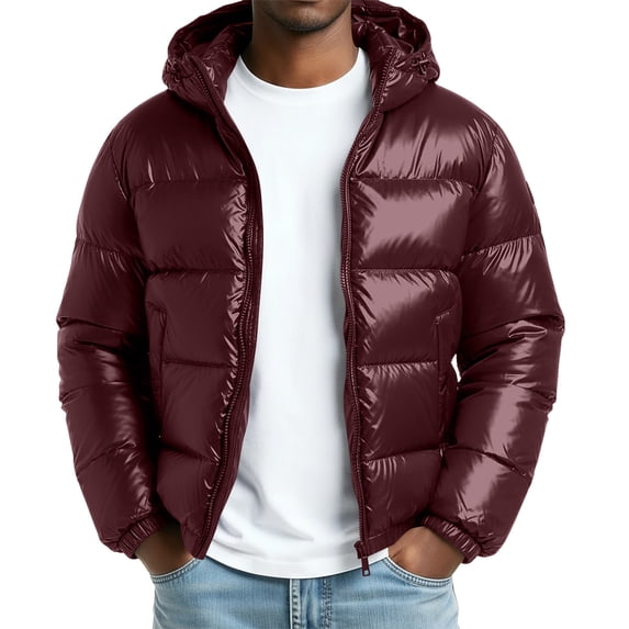 hoksml Men's Reflective Down Jacket High-Gloss Shell Hooded Coat with Pockets for Night Safety