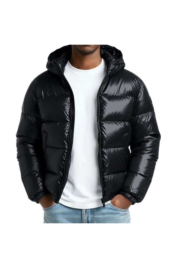 Men's Reflective Down Jacket High-Gloss Shell Hooded Coat with Pockets for Night Safety