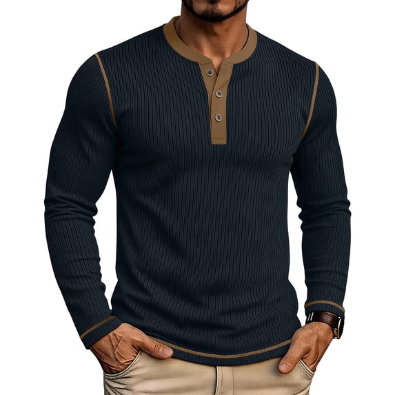 hoksml Men's Ribbed Long Sleeve Henley T-Shirt, Contrast Trim Notch Neck Slim Cut Stretch Casual Top, Textured Basic Tee in Two-Tone Colors