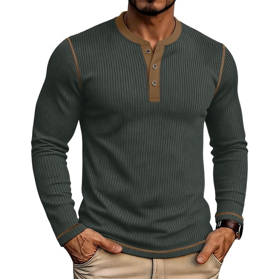 hoksml Men's Ribbed Long Sleeve Henley T-Shirt, Contrast Trim Notch Neck Slim Cut Stretch Casual Top, Textured Basic Tee in Two-Tone Colors