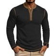 thumbnail image 1 of hoksml Men's Ribbed Long Sleeve Henley T-Shirt, Contrast Trim Notch Neck Slim Cut Stretch Casual Top, Textured Basic Tee in Two-Tone Colors, 1 of 6