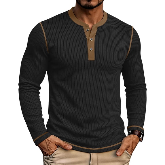 hoksml Men's Ribbed Long Sleeve Henley T-Shirt, Contrast Trim Notch Neck Slim Cut Stretch Casual Top, Textured Basic Tee in Two-Tone Colors