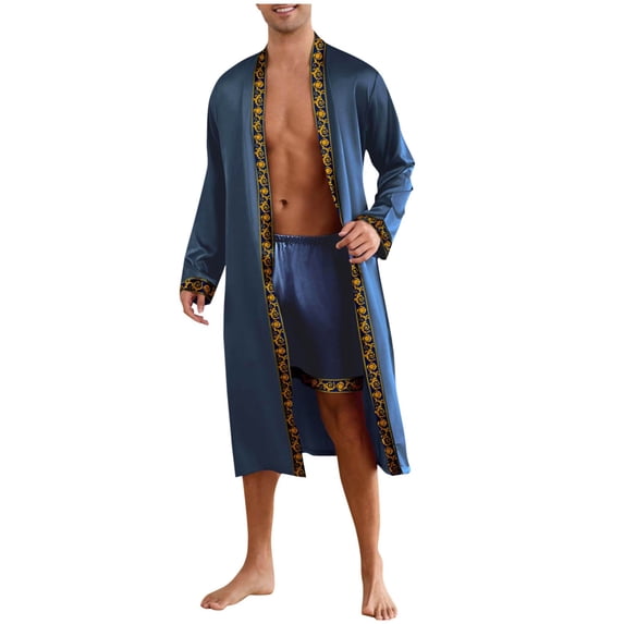 hoksml Men's Satin Robe and Pajama Shorts Set, Printing Kimono Style Loungewear with Belt Hotel Style Spa Robe