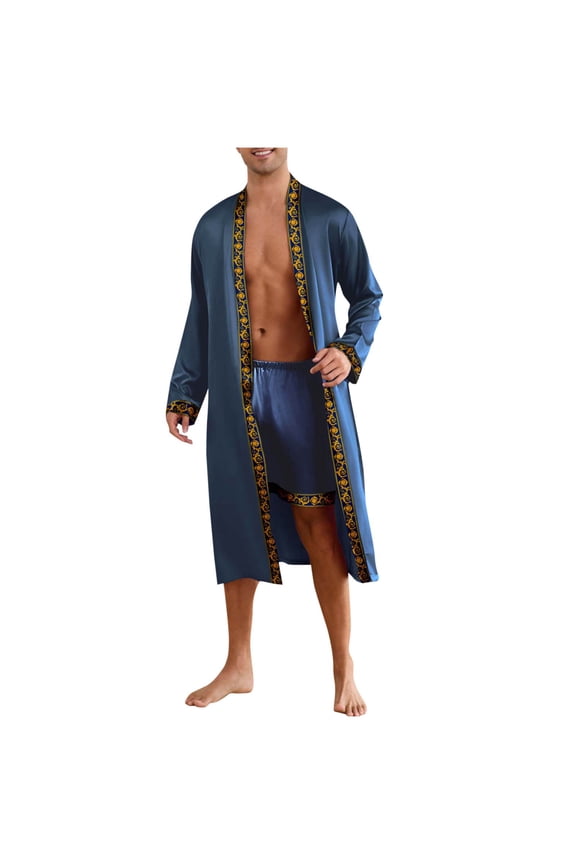 Men's Satin Robe and Pajama Shorts Set, Printing Kimono Style Loungewear with Belt Hotel Style Spa Robe