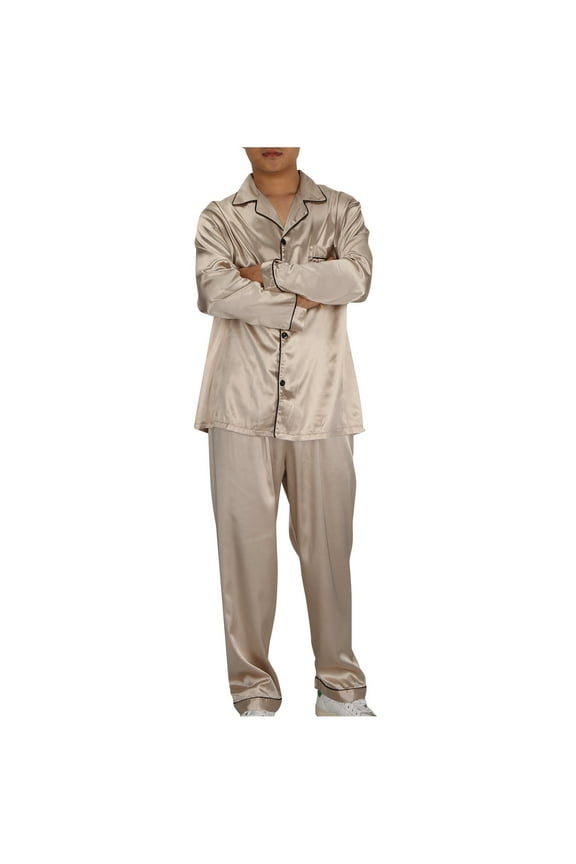 Men's Satin Silk Sleepwear Set Luxury Cooling Long Sleeve Crewneck Shirt and Pants 2-Piece Pajama Loungewear Set for Men