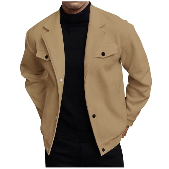 hoksml Men's Short Wool Peacoat Jacket with Notch Lapel Casual Snap Button Closure Long Sleeve Solid Color Outerwear with Pockets