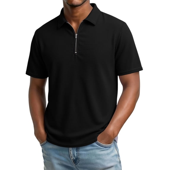 hoksml Men's Soft Stretch Fabric Blend Waffle Knit Half Zip Collared Short Sleeve Shirt, Solid Casual Summer Golf Daily Top