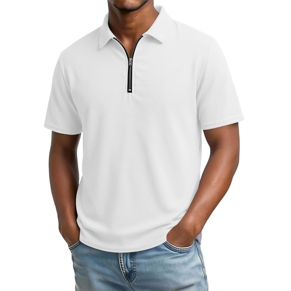 hoksml Men's Soft Stretch Fabric Blend Waffle Knit Half Zip Collared Short Sleeve Shirt, Solid Casual Summer Golf Daily Top
