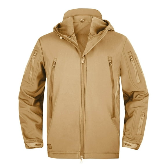 hoksml Men's Softshell Jacket Fleece Lining Windproof Hooded Zip-Up Jacket Solid Color Long Sleeve Outdoor Casual Sports Coat