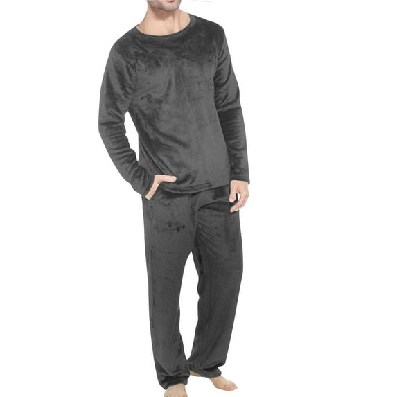 hoksml Men's Solid Color Flannel Pajama Set Soft Crewneck Long Sleeve Pullover Top and Elastic Waist Pants Cozy Winter Sleepwear Loungewear Sets