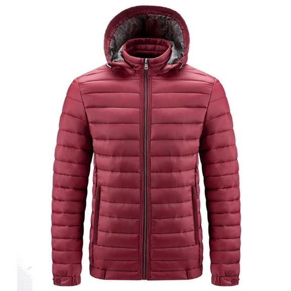 hoksml Men's Solid Color Hooded Puffer Jacket Winter Warm Zip-Up Hooded Coat with Zipper Pockets for Cold Weather
