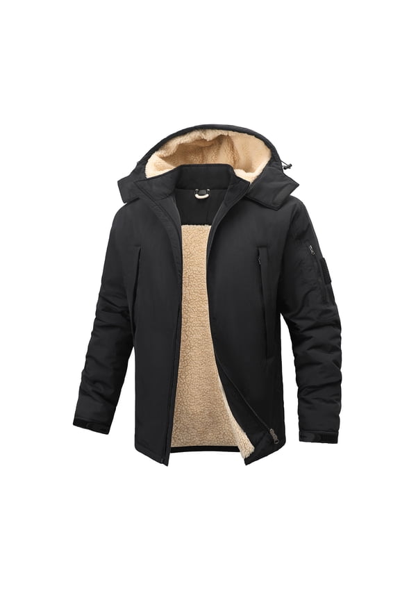 Men's Solid Color Hooded Work Jacket Fleece Lined Thickened Warm Long Sleeved Utility Winter Zip-Up Coat with Multiple Pockets