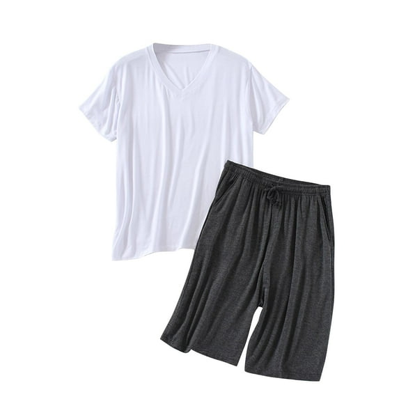 hoksml Men's Solid Color Pajama Set Short Sleeve V-Neck T-Shirt and Shorts Cotton Summer Sleepwear Loungewear