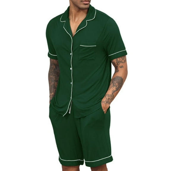 hoksml Men's Solid Color Short Sleeve Pajama Set Button-Down Collar Shirt and Shorts with Pockets Casual Loungewear