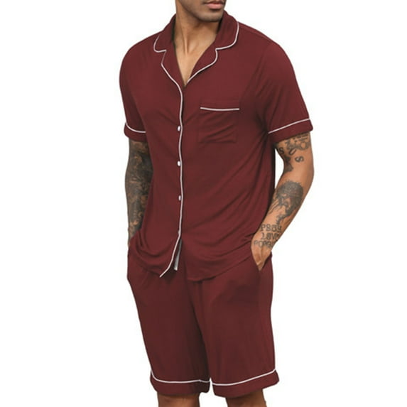 hoksml Men's Solid Color Short Sleeve Pajama Set Button-Down Collar Shirt and Shorts with Pockets Casual Loungewear