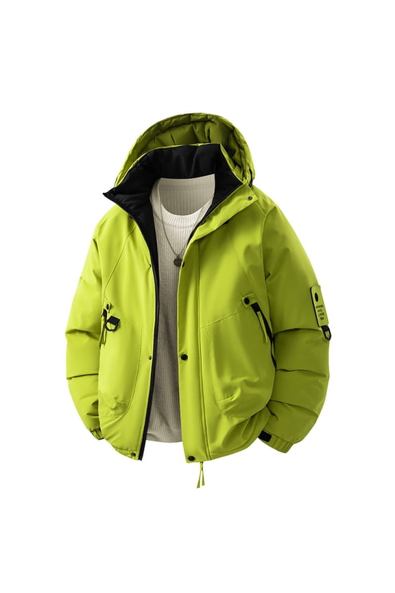 Men's Solid Color Winter Jacket Solid Color Long Sleeved Zip-Up Snap Coat Graphene Insulated Waterproof Hooded Parka with Zippered pockets S-4XL