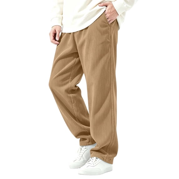 hoksml Men's Solid Corduroy Pants Elastic Waist Casual Straight Trousers with Pockets for Daily Work Comfort