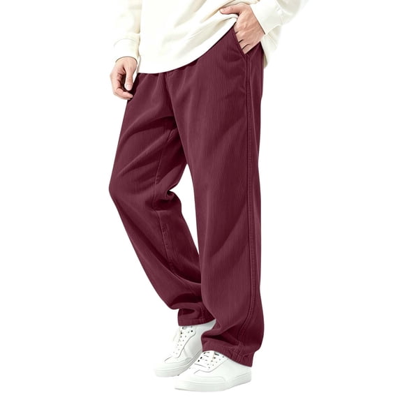 hoksml Men's Solid Corduroy Pants Elastic Waist Casual Straight Trousers with Pockets for Daily Work Comfort