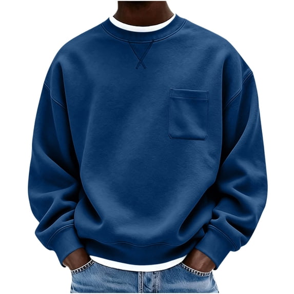 hoksml Men s Solid Crew Neck Sweatshirt Loose Fit Long Sleeve Chest Pocket for Fall Winter Daily Work Outdoor Comfort