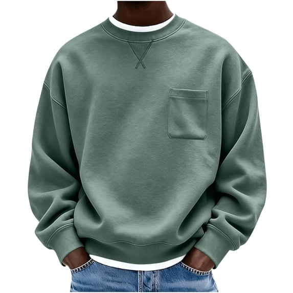 hoksml Men s Solid Crew Neck Sweatshirt Loose Fit Long Sleeve Chest Pocket for Fall Winter Daily Work Outdoor Comfort