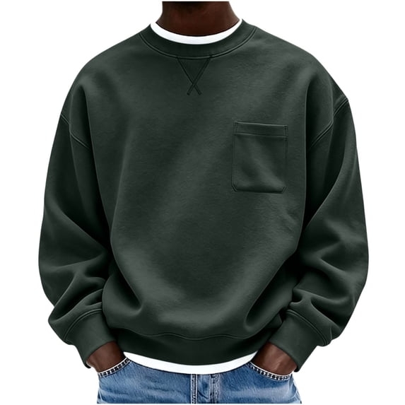 hoksml Men s Solid Crew Neck Sweatshirt Loose Fit Long Sleeve Chest Pocket for Fall Winter Daily Work Outdoor Comfort