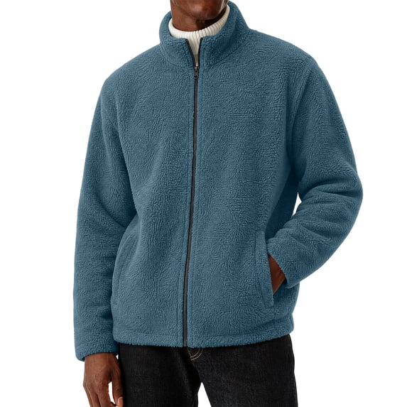 hoksml Men s Solid Fleece Zip Up Jacket Stand Collar Long Sleeve Sherpa Coat for Fall Winter Daily Work Comfort