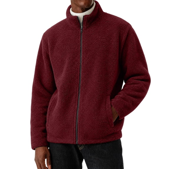 hoksml Men s Solid Fleece Zip Up Jacket Stand Collar Long Sleeve Sherpa Coat for Fall Winter Daily Work Comfort