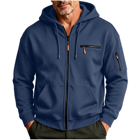 hoksml Men s Solid Full Zip Up Hoodie Jacket Long Sleeve Zipper Pockets for Fall Winter Daily Work Comfort