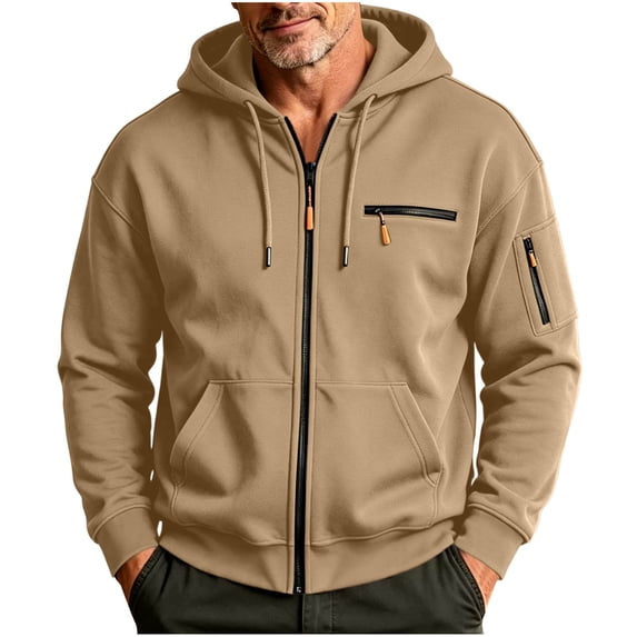hoksml Men s Solid Full Zip Up Hoodie Jacket Long Sleeve Zipper Pockets for Fall Winter Daily Work Comfort