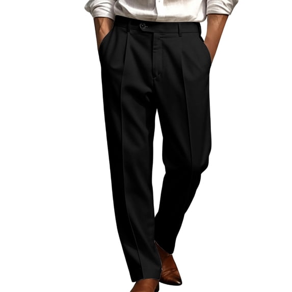 hoksml Men's Solid Pleated Dress Pants Loose Straight Leg Stretch Business Casual Trousers with Pockets for Daily Comfort