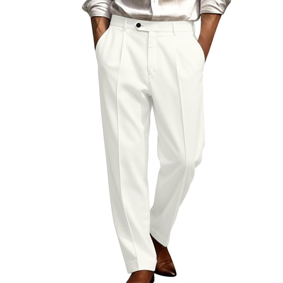 hoksml Men's Solid Pleated Dress Pants Loose Straight Leg Stretch Business Casual Trousers with Pockets for Daily Comfort