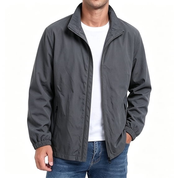 hoksml Men's Stand Collar Lightweight Windbreaker Full Zip Casual Jacket Elastic Cuff Zipper Pocket Outdoor Daily Coat