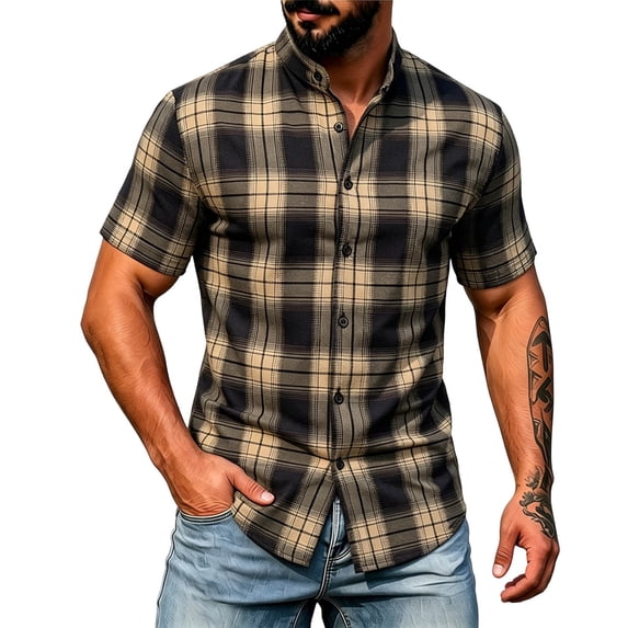hoksml Men's Stand Collar Plaid Short Sleeve Button Shirt, Regular Fit Shirts for Daily Outdoor and Summer Casual Wear