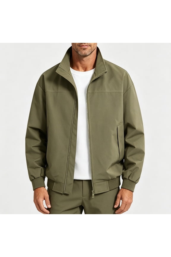 Men's Stand Collar Zip Jacket, Water Repellent Lightweight Windbreaker with Elastic Cuffs, Plus Size M-5XL for Spring Fall Casual Wear