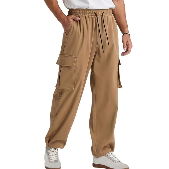 hoksml Men's Straight Leg Cargo Pants Solid Casual Comfort Elastic Waist Drawstring Multiple Pockets Work Pants