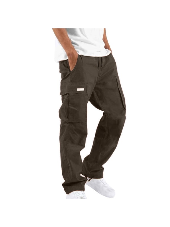 Men's Straight Leg Cargo Pants Solid Drawstring Elastic Waist Outdoor Casual Pants with Utility Patch Pockets