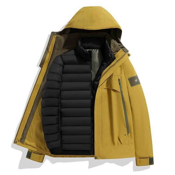 hoksml Men's Two-Tone Hooded Puffer Jacket with Detachable Hood Fleece Lined Quilted Winter Coat Slim Fit with Zippered Pockets