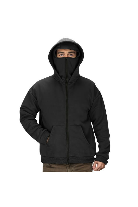 Men's Utility Workout Jacket Thermal Fitness Training Hoodie with Dual Hood Face Mask And Pockets Zip-Up Coat for Sports Casual Wear