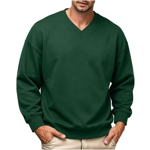 hoksml Men's V Neck Long Sleeve Loose Fit Sweatshirt, Solid Casual Pullover Layering Daily Top, Polyester Fabric