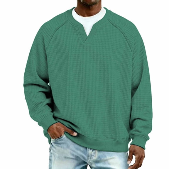 hoksml Men's V-Neck Waffle Knit Pullover Solid Color Breathable Raglan Sleeve Casual Sweatshirt for Men Fashion Long Sleeve Top