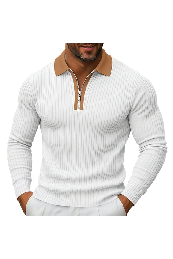 Men's Vertical Ribbed Long Sleeve Zip Top, Contrast Collar Half Zip Slim Cut Stretch Knit Casual Shirt in Solid Colors