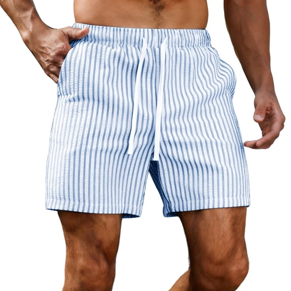 hoksml Men's Vertical Stripe Bubble Gauze Drawstring Casual Shorts, Elastic Waist Relaxed Fit Beach Vacation Walking Shorts