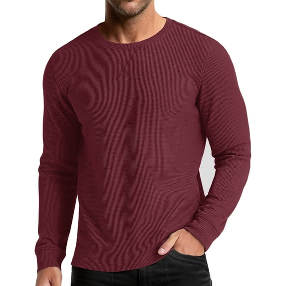 hoksml Men's Waffle Crewneck Pullover, Solid Color Long Sleeve Sweatshirt Thermal Base Layer Shirt