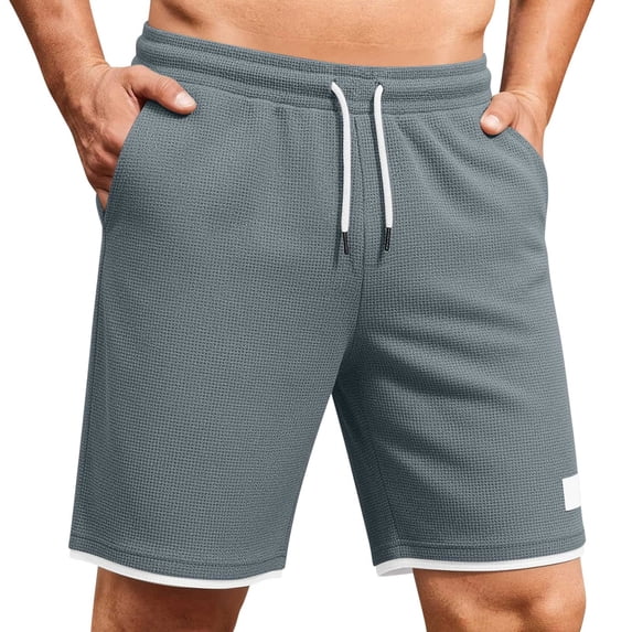hoksml Men's Waffle Knit Drawstring Casual Shorts, Contrast Cuff Breathable Athletic Shorts for Sports Daily Wear